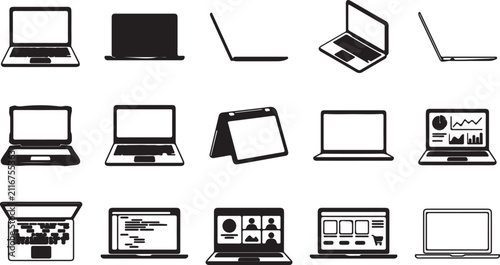 Collection of laptop computer icons and silhouettes with computer, notebook