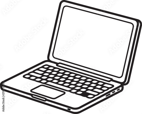Simple black and white laptop icon line drawing with white background, thin line