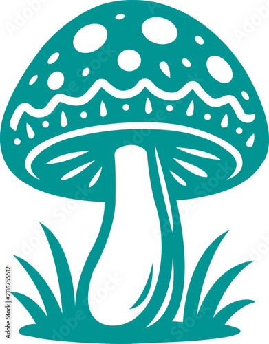 Single large spotted mushroom in grass silhouette with mushroom, silhouette