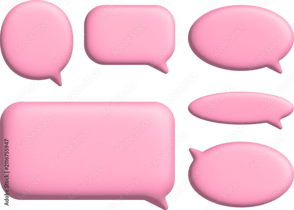 Fototapeta premium 3D message clouds with Y2K aesthetic. Pink glossy speech bubbles with soft texture for digital chat platforms and talk apps