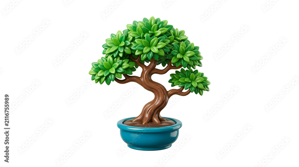 Obraz premium Green bonsai tree in blue ceramic pot with twisted trunk