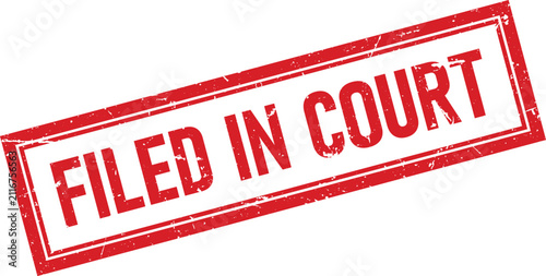 A red rectangular ink stamp with the text filed in court written in a distressed font