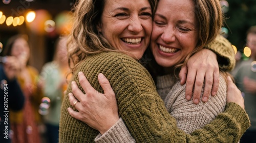 Two Women Hugging and Smiling Together.