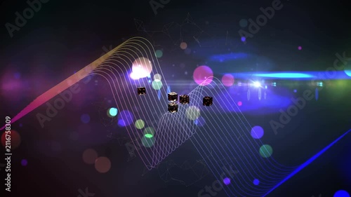 Waveform pulsing from lower left, six-cube cluster rotating separating rejoining visualizing motion