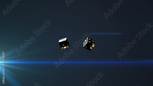 Left flare glowing causing pair black dice tumbling settling showing gold insides and blue streak