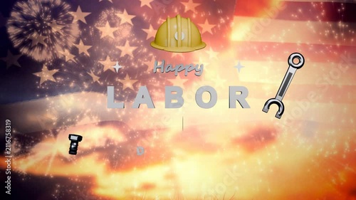 Hard hat dropping, composite assembling on flag backdrop, letters sliding, ribbon honoring workers