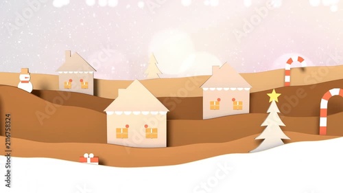Starting with falling snow, decor elements sliding in, creating winter village during parallax pan