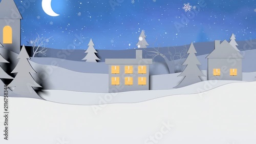 On play papercut hills sliding pines appearing moon entering camera zooming to show six windows