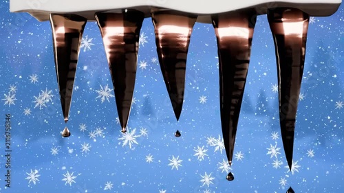 Warm highlights hitting row of five icicles, droplets forming, detaching, falling, showing melt