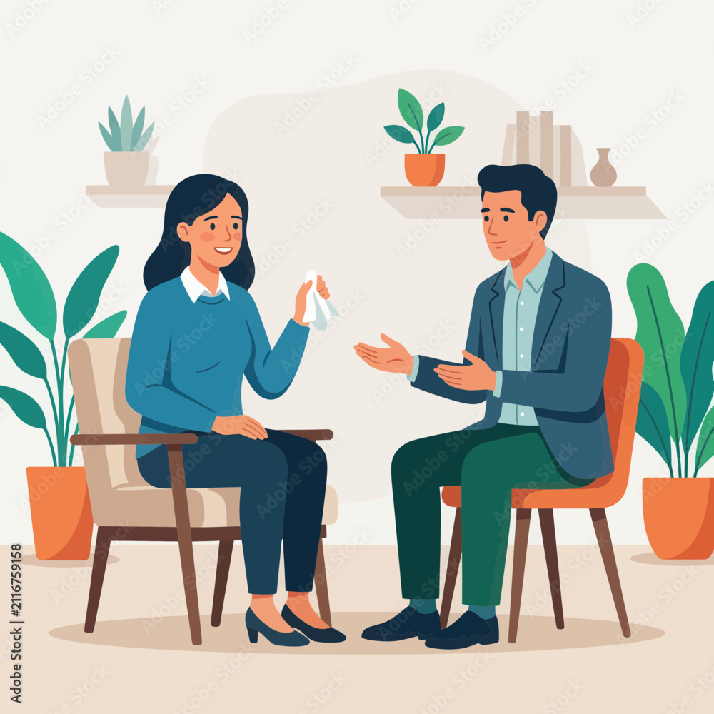 Obraz premium Psychologist counseling session: woman sharing feelings with therapist in a calm, modern office with plants.