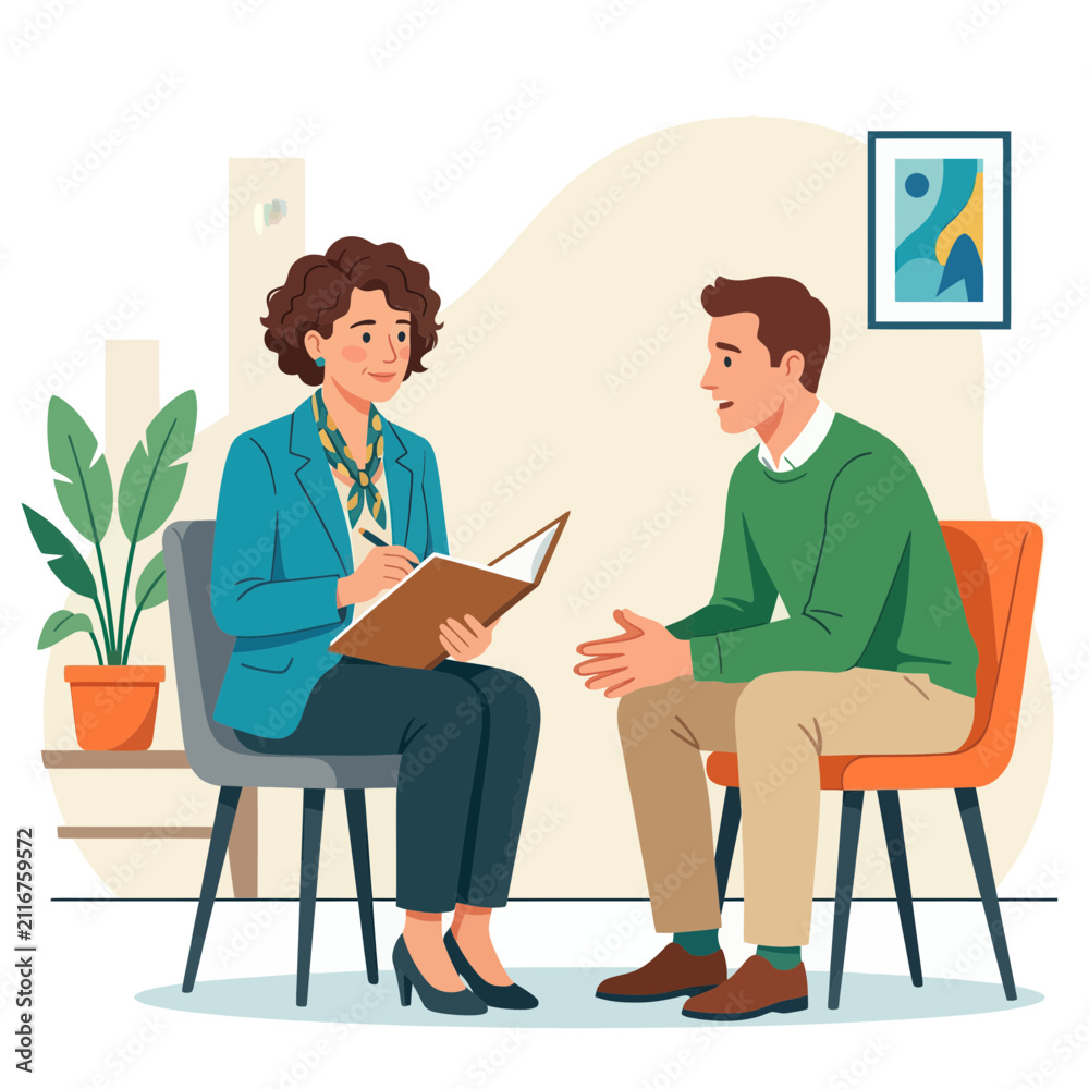 Obraz premium Therapist and Patient Discussing Issues in a Calm Office Setting - Vector Illustration