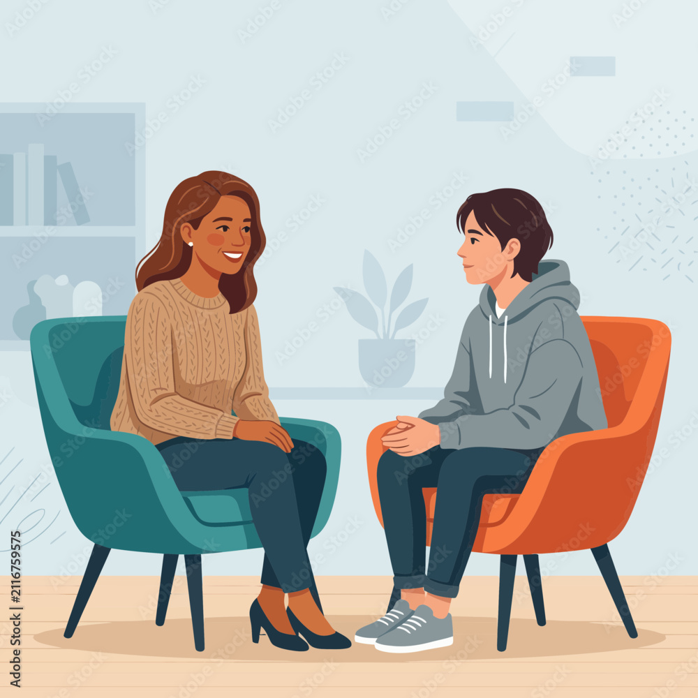 Fototapeta premium Therapist and Patient Discussing Issues in a Calm and Modern Office Setting, Vector Illustration