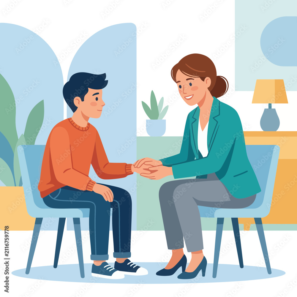 Obraz premium Therapist comforting a patient by holding hands, symbolizing support and empathy in a modern, minimalist office setting.