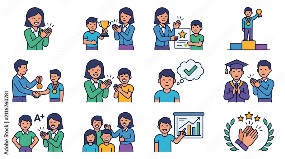 Fototapeta premium Colorful flat design illustrations of diverse people and activities.