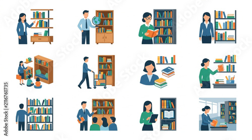Canvastavla Diverse people reading and browsing books in library.