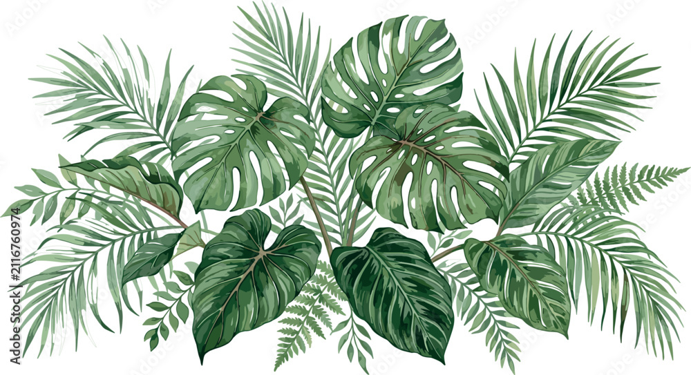 Obraz premium Tropical jungle leaves border arrangement with monstera and palm fronds watercolor style vector illustration isolated on white background for banner design.