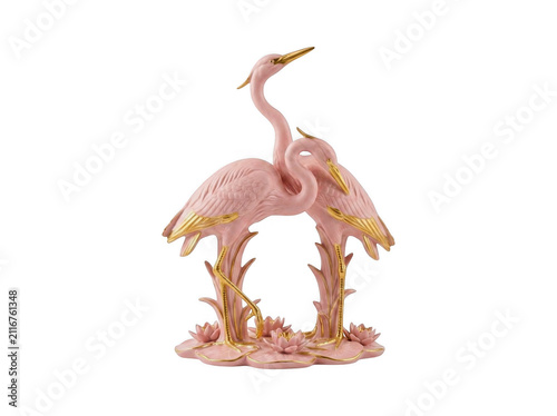 Fotografie Decorative ceramic sculpture of two pink herons with sculpture wildlife figurine