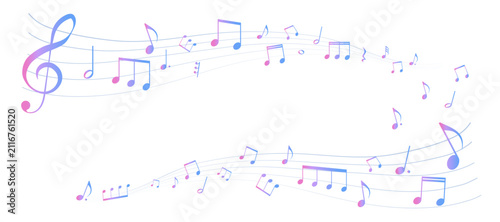 カラフルな遠近感のある楽譜のフレームイラスト　五線譜　背景イラスト　音符、休符、音楽記号のイラスト