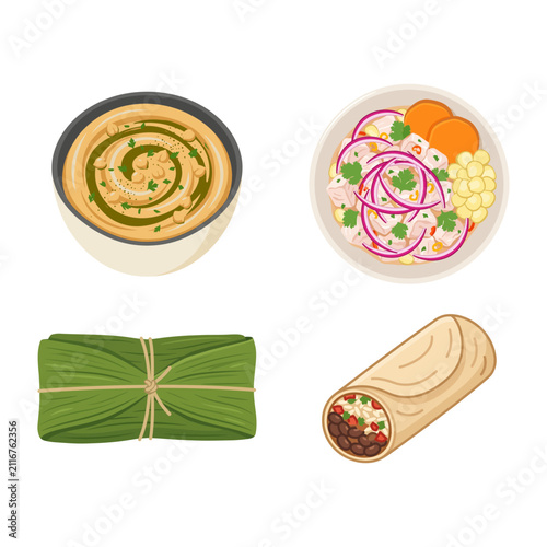 Fotografía Collection of traditional Peruvian food illustrations including ceviche, burrito
