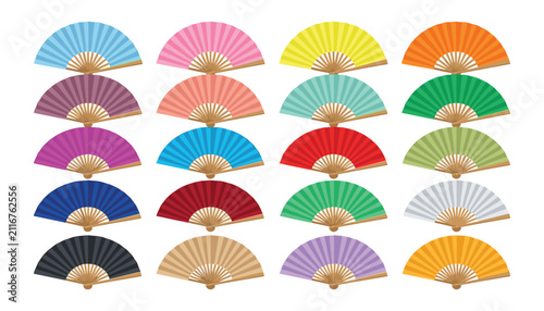 Colorful hand fan vector set with traditional oriental folding paper fans in various vibrant shades isolated on white background