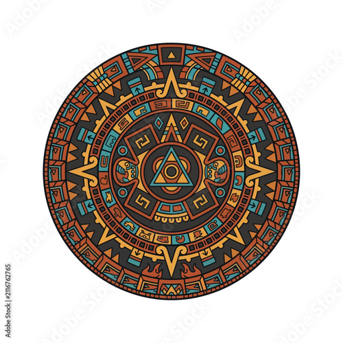 Aztec Calendar Sun Stone Vector Illustration with Colorful Tribal Geometric Patterns