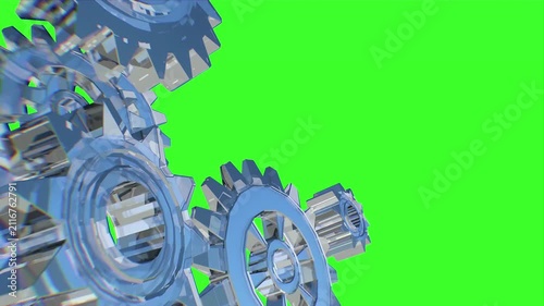 Blue Glass Gears Mechanism 3D Render on Glowing green loop Background — Business Technology Concept