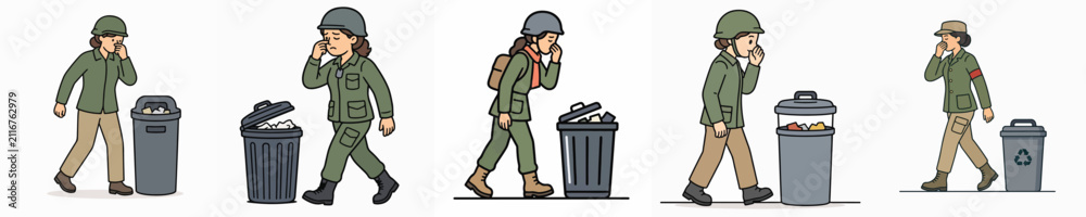 Obraz premium Set of vector illustrations of a female soldier covering her nose due to the smell of trash.