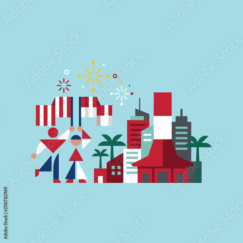 A colorful vector flat illustration featuring abstract citizens celebrating with flags