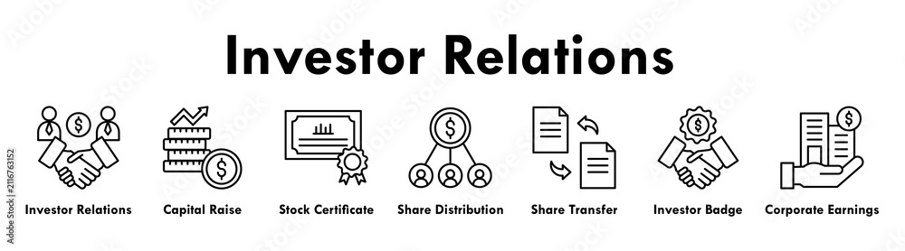 Fototapeta premium Investor Relations banner web icon illustration concept with icon of investor relations, capital raise, stock certificate, share distribution, share transfer, investor badge, and corporate earnings