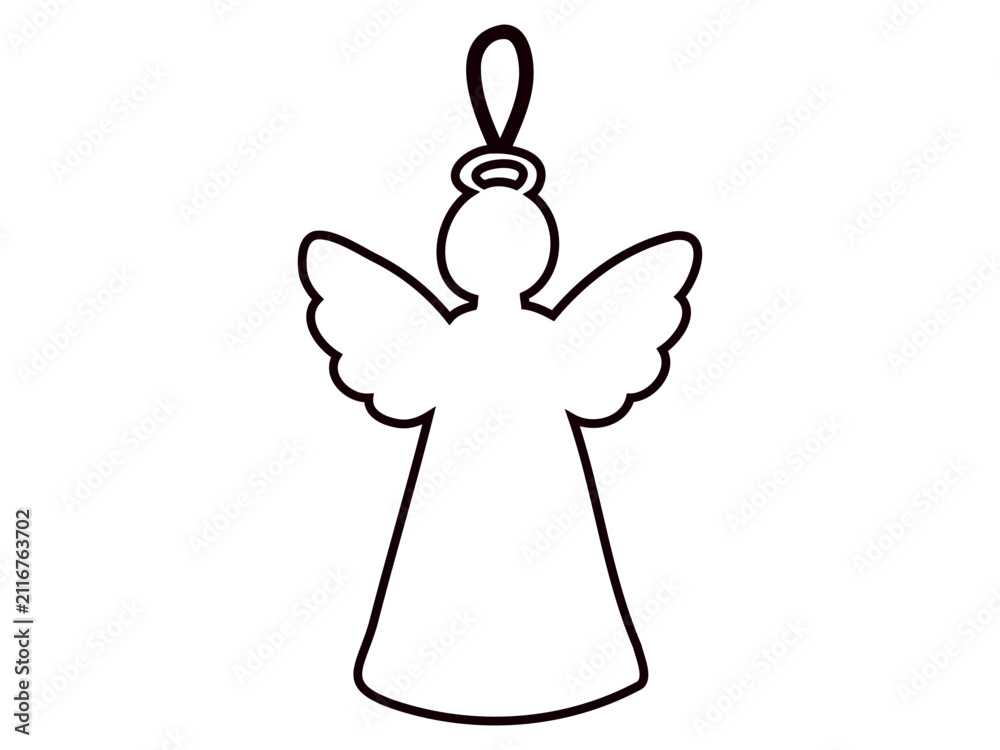 Fototapeta premium Christmas angel ornament vector illustration. Simple black outline of celestial figure with halo and wing for winter holiday home decor. Minimalist festive design on white background