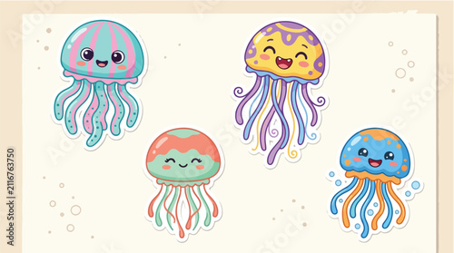Jellyfish characters with smiling faces and soft pastel colors appear as cute stickers in this charming flat illustration that is perfect for children's books and playful branding materials.