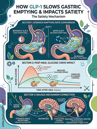 Glp-1 satiety mechanism and gastric emptying medical infographic