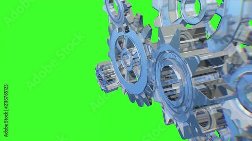 Blue Glass Gears Mechanism 3D Render on Glowing green loop Background — Business Technology Concept