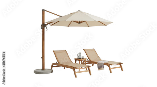 Konstfotografi Outdoor sun loungers with side table and large cantilever umbrella furniture set