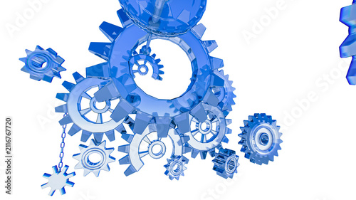 Фотография Blue Glass Gears Mechanism 3D Render on White Background — Technology Concept