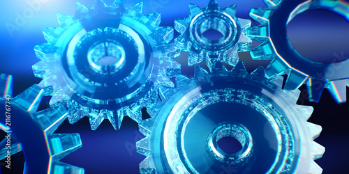 Картината върху платно Blue Glass Gears Mechanism 3D Render on Glowing Blue Background — Business Techn
