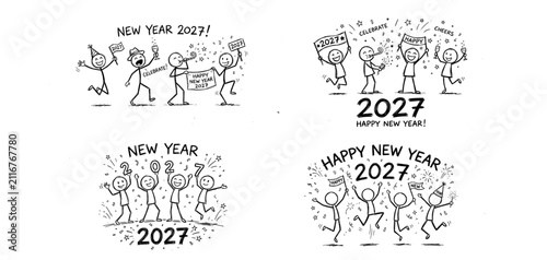 Happy New Year 2027 Celebration Stick Figure Doodle Set with Party People, Fireworks, and Hand-Drawn Festive Sketch Collection