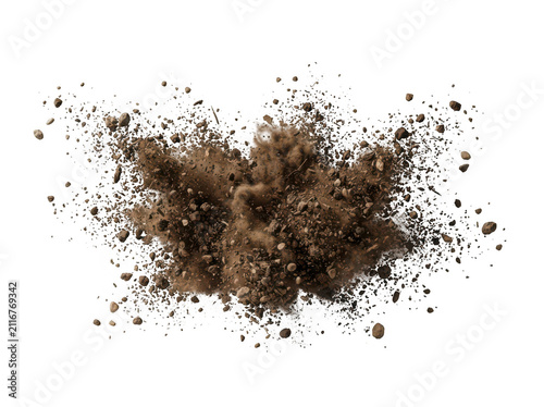 Small pile of dry brown earth soil splashing and exploding into the air