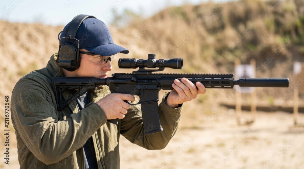 Fototapeta premium Man firing an AR-15 style rifle at an outdoor shooting range with targets in the background and muzzle flash visible