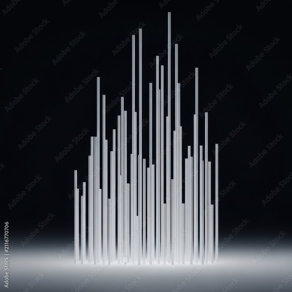 Obraz premium Abstract 3D illustration of multiple white vertical cylindrical columns of varying heights arranged in a cluster on a reflective surface against a dark black background.