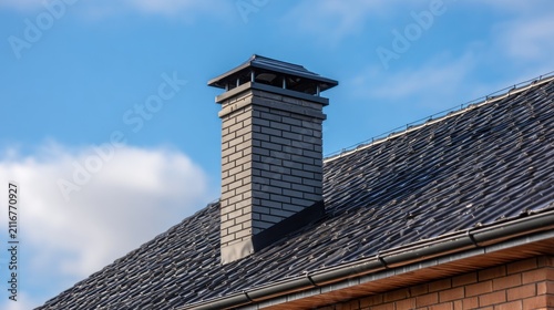 Brick chimney on roof against blue sky architectural detail