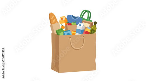 Brown paper grocery bag filled with various food items and a blue shirt