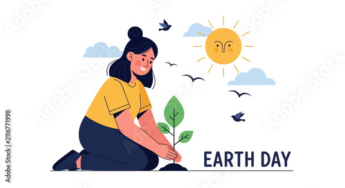 A smiling woman planting a small tree sapling in the ground, celebrating Earth Day with a happy sun, clouds, and birds in the sky.