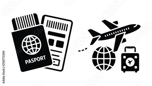 Quadro su tela Travel essentials including a passport ticket airplane luggage and globe for glo