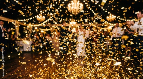 Gold confetti falling at a wedding party. Festive celebration with blurred guests dancing.