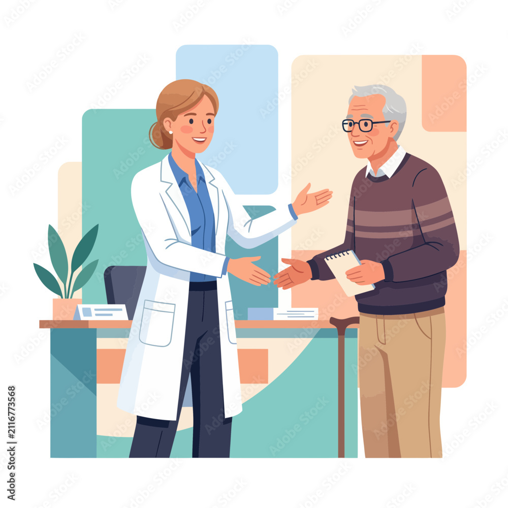 Obraz premium Doctor Shaking Hands with Elderly Patient During Medical Consultation in Modern Clinic