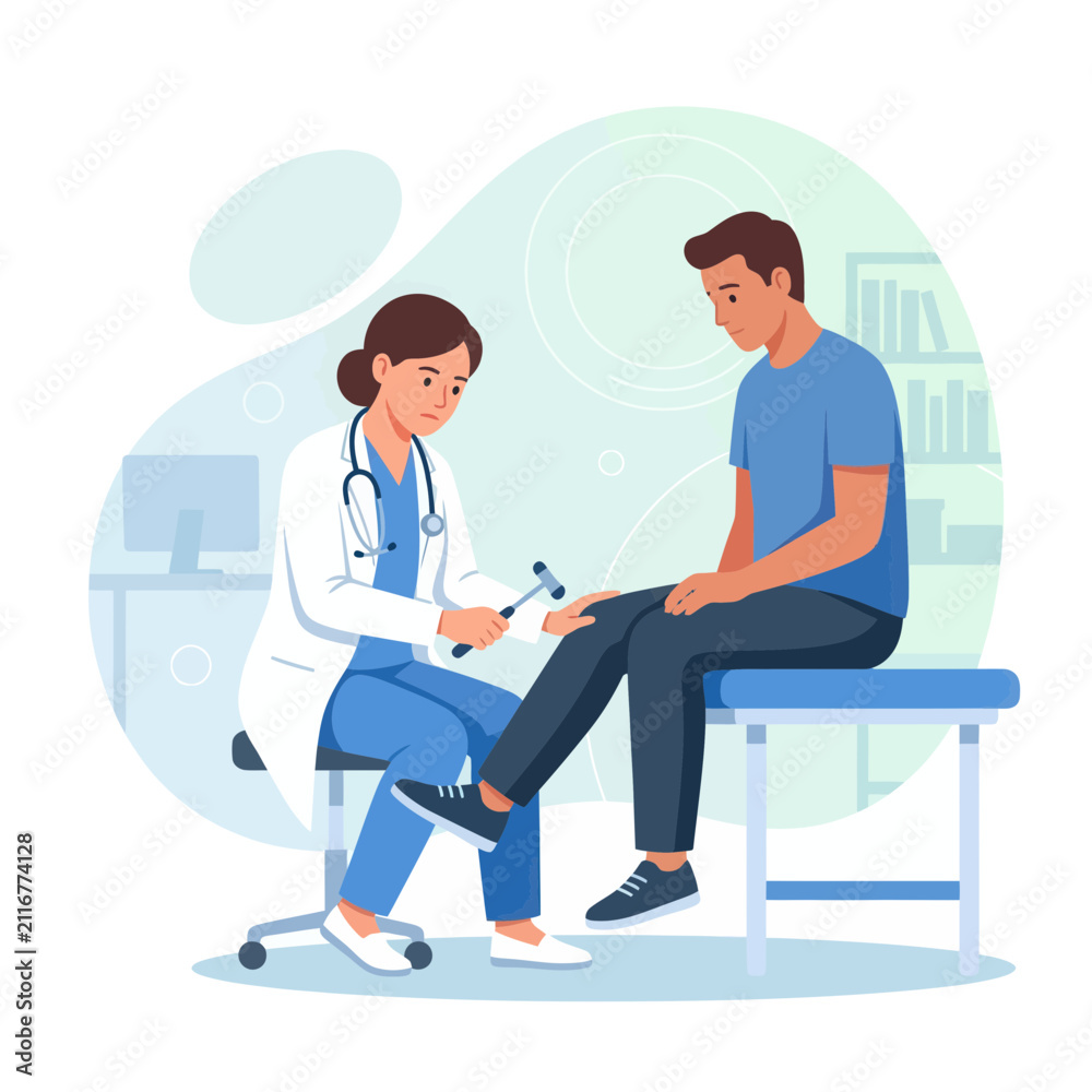 Fototapeta premium Doctor performing reflex test on patient with reflex hammer in examination room, flat vector illustration.
