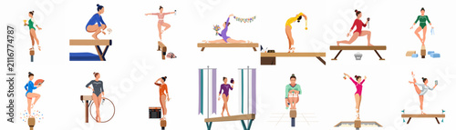 Bild auf Leinwand Flat vector illustration set of female gymnasts in various poses, practicing and competing on balance beams, showcasing flexibility, strength, and achievement in sports