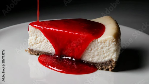  classic cheesecake slice as a thin stream of strawberry sauce slowly flows across the surface