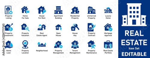 Real Estate and Property Icon Set. Vector Illustrations for Realtor Agency, Mortgage, Investment, Rent, and Home Buying Concepts.